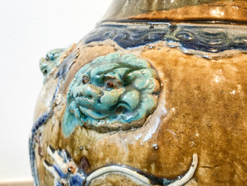 A large Chinese polychrome stoneware martaban jar and cover, Ming/Qing