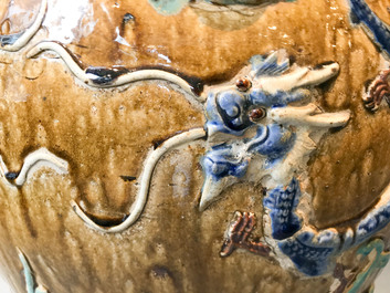 A large Chinese polychrome stoneware martaban jar and cover, Ming/Qing