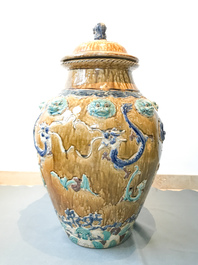 A large Chinese polychrome stoneware martaban jar and cover, Ming/Qing