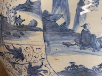 A Chinese blue and white vase and cover with figural design, Wanli