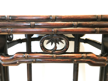 A Chinese huali wooden stand with famille rose plaque, Jiaqing