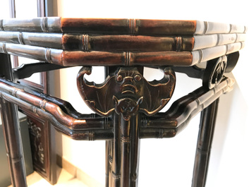 A Chinese huali wooden stand with famille rose plaque, Jiaqing