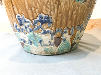 A large Chinese polychrome stoneware martaban jar and cover, Ming/Qing