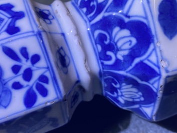 Three Chinese blue and white hexagonal and octagonal vases, Kangxi