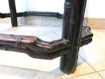 A Chinese huali wooden stand with famille rose plaque, Jiaqing