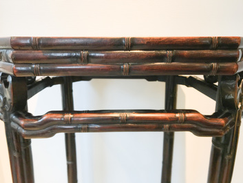 A Chinese huali wooden stand with famille rose plaque, Jiaqing