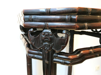 A Chinese huali wooden stand with famille rose plaque, Jiaqing