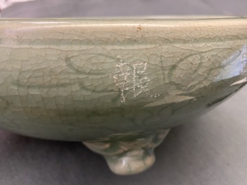 A large Chinese Longquan celadon tripod incense burner, Ming