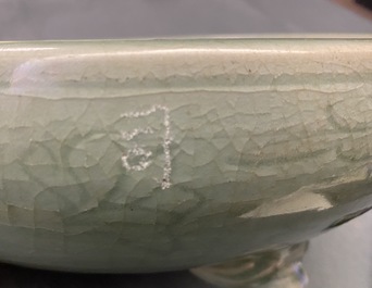 A large Chinese Longquan celadon tripod incense burner, Ming