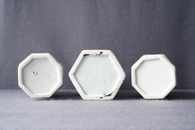 Three Chinese blue and white hexagonal and octagonal vases, Kangxi