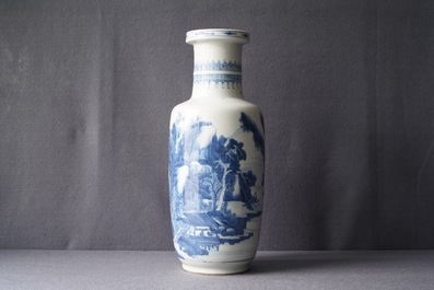 A Chinese blue and white rouleau vase with figures in a landscape, Kangxi