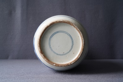 A Chinese blue and white rouleau vase with figures in a landscape, Kangxi