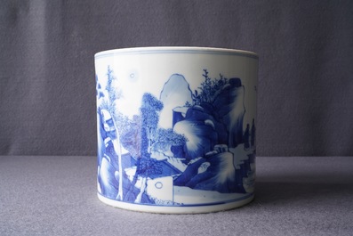 A Chinese blue and white 'landscape' brush pot, bitong, Kangxi
