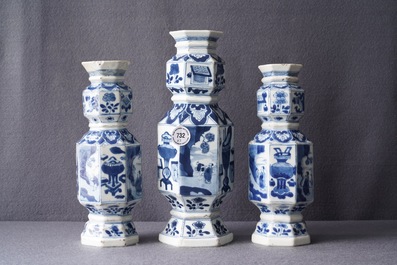 Three Chinese blue and white hexagonal and octagonal vases, Kangxi
