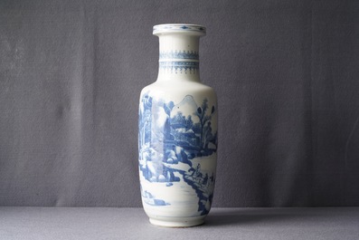 A Chinese blue and white rouleau vase with figures in a landscape, Kangxi