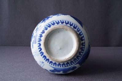 A Chinese blue and white bottle vase with figures in a landscape, Transitional period