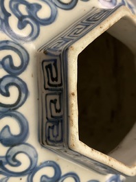 A Chinese hexagonal blue and white 'lotus scroll' vase, hare mark, Wanli