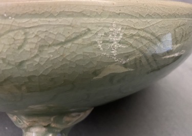 A large Chinese Longquan celadon tripod incense burner, Ming