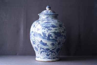 A Chinese blue and white vase and cover with figural design, Wanli
