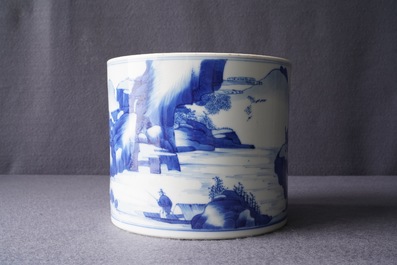 A Chinese blue and white 'landscape' brush pot, bitong, Kangxi