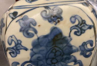 A Chinese hexagonal blue and white 'lotus scroll' vase, hare mark, Wanli