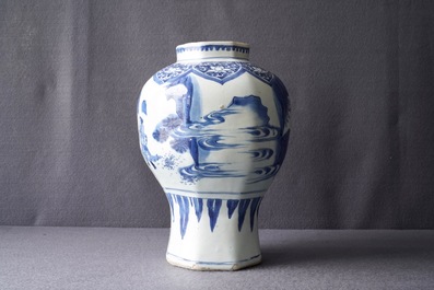A Chinese blue and white baluster vase with figures in a landscape, Transitional period