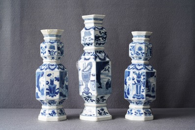 Three Chinese blue and white hexagonal and octagonal vases, Kangxi