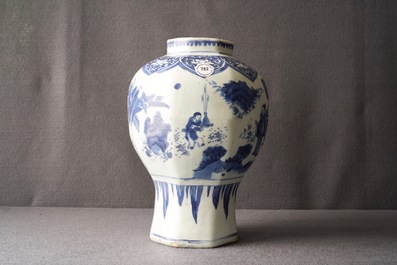 A Chinese blue and white baluster vase with figures in a landscape, Transitional period