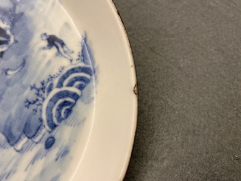 A Chinese blue and white Vietnamese market 'Bleu de Hue' dish with a river landscape, 19th C.
