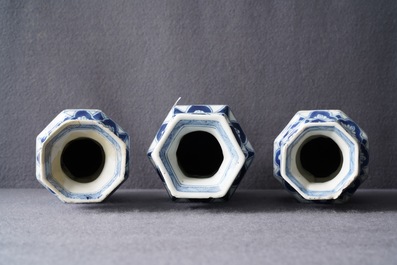Three Chinese blue and white hexagonal and octagonal vases, Kangxi
