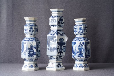 Three Chinese blue and white hexagonal and octagonal vases, Kangxi
