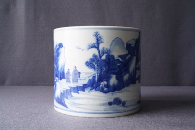 A Chinese blue and white 'landscape' brush pot, bitong, Kangxi