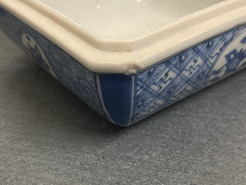 A Chinese blue and white square box and cover and a bowl, Chenghua mark, Kangxi