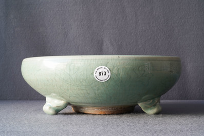 A large Chinese Longquan celadon tripod incense burner, Ming