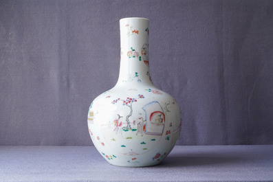 A Chinese famille rose vase with figurative medallions, Qianlong mark, 19th C.