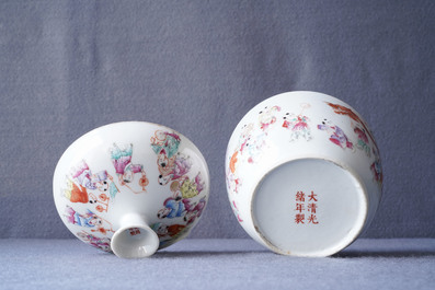Een Chinese famile rose dekselkom met decor van het lentefestival, Guangxu merk, 19/20e eeuw