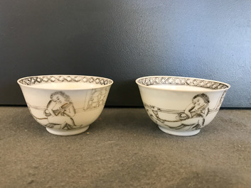 A Chinese grisaille 15-piece tea service with 'brothel' design, Yongzheng/Qianlong