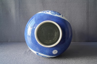 A Chinese blue and white powder blue-ground vase, Kangxi