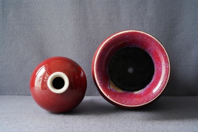 Two Chinese monochrome sang-de-boeuf and flamb&eacute; vases, 18/19th C.