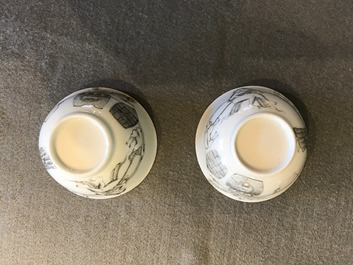 A Chinese grisaille 15-piece tea service with 'brothel' design, Yongzheng/Qianlong