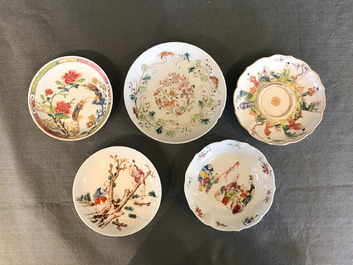 Eight Chinese famille rose cups and saucers, Yongzheng/Qianlong