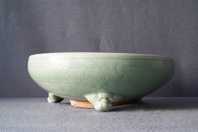 A large Chinese Longquan celadon tripod incense burner, Ming