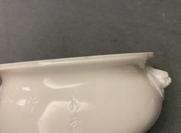 A Chinese blanc de Chine censer with inscription, Kangxi