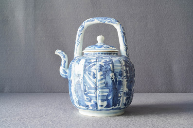 A Chinese blue and white wine ewer with figures, Wanli