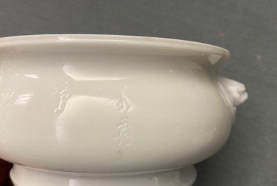 A Chinese blanc de Chine censer with inscription, Kangxi