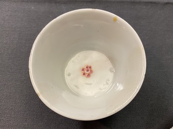 Six Chinese famille rose and Imari-style cups and saucers, Yongzheng/Qianlong