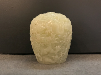 A Chinese celadon jade 'dragon' finial for a stupa, 19/20th C.