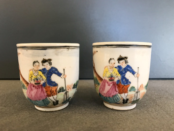 A pair of fine Chinese famille rose 'European subject' cups and saucers, Qianlong
