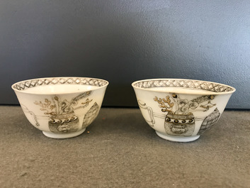 A Chinese grisaille 15-piece tea service with 'brothel' design, Yongzheng/Qianlong
