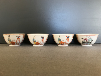 Four Chinese famille rose 'mandarin' cups and saucers, Qianlong